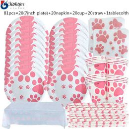 Disposable Plastic Tableware 1 set of pink dog girl birthday party supplies dog paw printed board cups Napkins balloons happy birthday banners cake top decoration WX