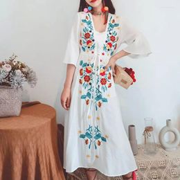 Casual Dresses AYUALIN V-neck Flare Sleeve Long Dress Summer Beach Loose Vestidos Boho Ethnic Embroidery Cotton Rayon Women Robe
