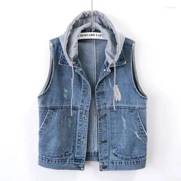 Women's Vests 2024 Summer Women Denim Vest Korean Fashion Hole Streetwear Single-breasted Sleeveless Jacket Female Clothes Waistcoat