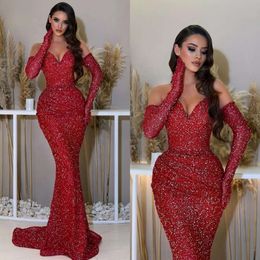 Mermaid Sequins Sweetheart Sexy Evening Red Gown Formal Party Prom Long Dresses For Special Ocn