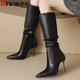 Boots ASUMER 2024 Genuine Leather Slip On Knee High Sexy Ladies Pointed Toe Autumn Thin Heels Pleated