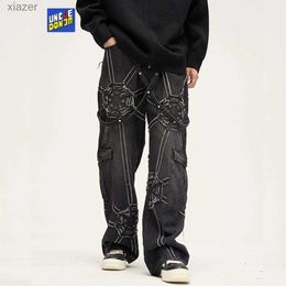 Mäns jeans spindel skarvade baggy jeans hip hop jenim byxor svart lösa avslappnade jeans y2k mens jeans direkt frakt wx