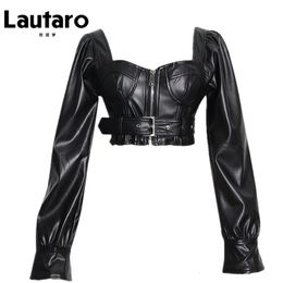 Lautaro Y2k Black Faux Leather Crop Top Women Square Neck Long Sleeve Zipper Cropped Jacket Sexy Backless Fashion 5xl 6xl 240428