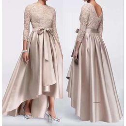 Champagne Lace Plus Size The Bride Dresses Long Sleeves Satin High Low Sashes Mother Of Groom Gowns 0431