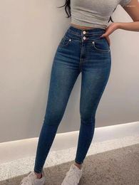 Women's Jeans Button High Waist Spring Autumn Elastic Skinny Slim Pencil Pants Trendy Jeggings Women
