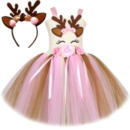 Pink Flowers Deer Costumes for Baby Girls Christmas Tutu Dress Kids Animal Reindeer Outfits Children Xmas Gift Years Clothes 240429