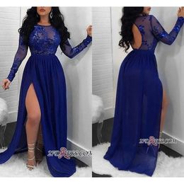 Sexy Royal Blue Lace Prom Jewel Neck Long Sleeves High Side Split Backless Formal Dresses Evening Gowns Vestidos De Fiesta 2024 0430