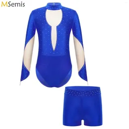 Stage Wear Kids Girls Long Sleeve Gymnastics Jumpsuit Shorts Shiny Rhinestone Ballet Dance Outfits Performance Dancewear Costume Set