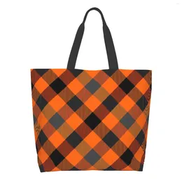 Shopping Bags Orange Grey And Black Cheque Plaid Extra Large Grocery Bag Tartan Reusable Tote Travel Storage