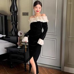 Casual Dresses Sexy Mesh Off Shoulder Black Dress Vintage Ruffled Long Sleeve Bodycon Slim Femme Elegant Beading Velvet Party Robe Q595