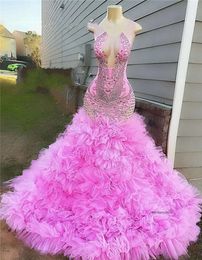 Sparkly Pink O Neck Long Prom For Black Girls 2024 Birthday Party Dresses Beaded Ruffles Evening Gowns Crystal Gown Robe De Bal 0431