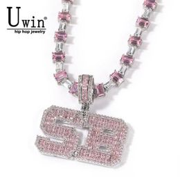 Uwin Pink Baguette Letters Nome Nome Ciondolo con catena di tennis per il cuore o catena di baguetter ghiacciata gioielli personalizzati 27025874