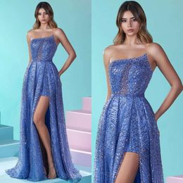 Promdress Crystal Evening Pärlor Blue Elegant Sheath Illusion Glitter Formella klänningar för speciella OCNS Split Robe de Soiree