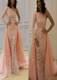 Middle East Pink Lace Arabic Evening Dresses One Shoulder Overskirt Prom Dresses Long Sleeves Formal Party Gowns Pageant Dress Swe2953422