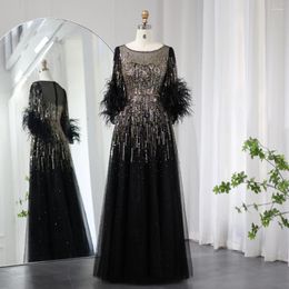 Party Dresses Luxury Feathers Black Dubai Evening For Women Elegant Fuchsia Arabic Half Sleeve Wedding Dress