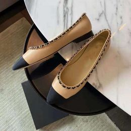 Chanells Leather Best-quality High Quality Flats Genuine Women Shoes Luxury Designer Gold Chain Slip-on Pointed Toe 197