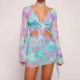 Casual Dresses Womens Tie-Dye Long Sleeve Lace-Up Crop Top And Side Ruched Drawstring Mini Skirt Set Summer Bikinis Cover Up Beachwear