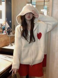 Women's Knits Sweet Love Embroid Hooded Knit Cardigan Women Fashion Korean Soft Glutinous Solid Loose College Winter Chic Lady Sweater Coat