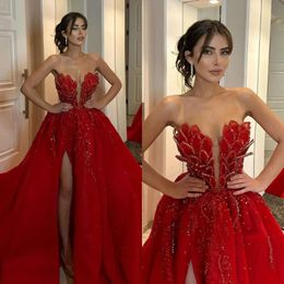 Dresses Elegant Red Evening Beaded Collar Fabulous Strapless A Line Formal Prom Dress Thigh Split Sweep Train Robe De Soiree