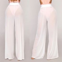 Women See Through High Waist Pants Sexy Transparent Loose Wide Leg Comfortable Beach Long Solid Mesh Trousers 3Color 240428