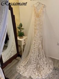 Charming Illusion V-Neck Backless Mermaid Wedding Dresses With Cape Sleeveless Appliques Lace Bridal Gowns Robe De Mariee