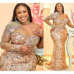 Aso Ebi 2022Arabic Plus Size Gold Mermaid Sparkly Evening Dresses Beaded Lace Sexy Prom Formal Party Second Reception Gowns 0431