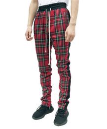 Men's Pants 2023 New Mens Sports Pants Hip Hop Sports Pants Red Chequered Street Clothing Zipper Ultra Thin Pencil Pants Mens Trousers Jogging PantsL2405