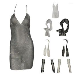 Casual Dresses Women Mesh Sheer Bodycon Mini Dress Headscarf Scarf Halter Rhinestones 10CF