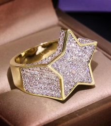 Hip Hop Bling Jewelry Iced Out Cool Boy Mens Star Shape Ring Gold Plated CZ Cubic Zirconia Bling Hiphop Rings for Men7947925