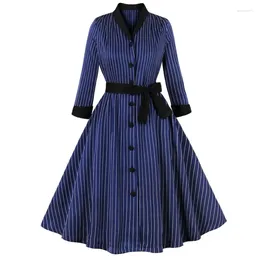 Casual Dresses Fashion Striped Dark Blue Vintage Dress For Women Autumn Winter Three-quarter Sleeve Button A-line Long 2024 Arrival