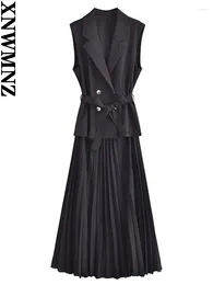 Casual Dresses XNWMNZ Women's Fashion 2024 Pleated Waistcoat Dress Women High Street Lapel Sleeveless Belt Versatile Female Midi