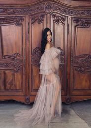 2020 Fashion See Thru Soft Tulle Evening Dresses For Pregnant Woman Custom Made Side Ruffles Tiered Aline Prom Gowns5447375