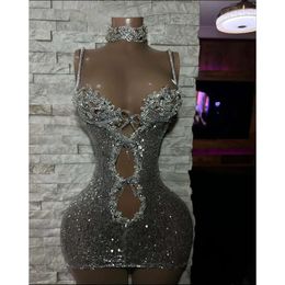 Sexy Sier Sequins Sheath Prom Dresses 2024 With High Neck Keyhole Plus Size Homecoming Tail Party Gowns 0431