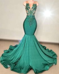 New Arrival Green Satin Mermaid Prom Dresses 2024 Sheer Glitter Bead Crystal Rhinestones Gown For Black Girls Evening Party Dress 0431