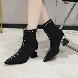 Boots Women Pointed Toe Suede Ankle Black Skintight Short Boot Ladies Cosy Winter Brand Designer Shoes Rivet Punk