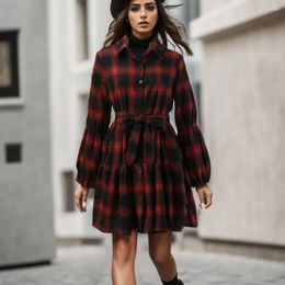 Casual Dresses Winter Lantern Sleeve Red Plaid For Women 2024 Sngle Breasted Lace Up High Waist Lapel Shirts Christmas Vestidos