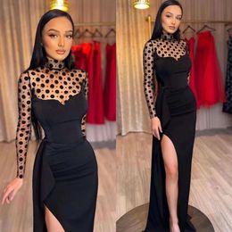 Illusion klänningar svart sexig höghalsad ärmmar fest aftonklänningar veckar slit formell lång speciell ocn klänning