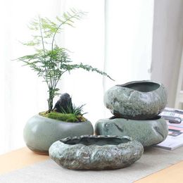 Planters Pots Vintage ceramic flower pot creative desktop home decor with juicy green plants bamboo decoration Utensils Chinese pastries Q240429