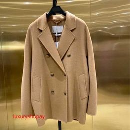 Maxmaras Womens Wrap Coat Camel Hair Coats Doublesided 100% Cashmere Jacket with Oat Water Wave Pattern Double Breasted 101801 Short Style Rjpm