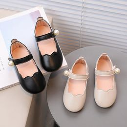 Girls Mary Janes Pearl Shallow Black Beige Pu Leather Children Princess Shoes Four Seasons 21-30 Flexiable All-match Kids Flats 240416