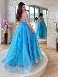 Party Dresses Blue Prom Sparkly Bling Long Floor Length Sweep Train Lace Up Spaghetti Strap Sweetheart A Line Evening Gown Graduation