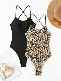 Black and Leopard Bodysuit Back Cross Swimsuit Women One Piece Swimwear Female Bathers Bathing Swimming Swim Suit Beachwear 240416