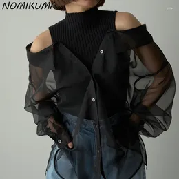 Women's Blouses Nomikuma Japan Style Women Two Pieces Top Sets Causal See Through Blouse Sleeveless Knitted Vest 2024 Summer