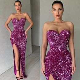 Sweetheart Purple Prom Sequins Elegant Grape Dresses Party Evening Gowns Sheath Slit Formal Long Special Ocn Dress