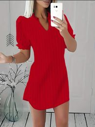 Casual Dresses V-neck Mini Short Sleeve Dress Office Spring And Autumn Fashion Elegant White For Women 2024 Party