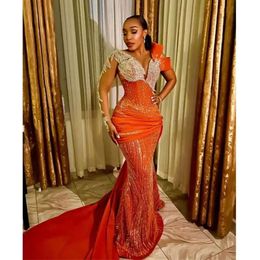 Prom Size Orange African Plus Dresses New Beaded Lace Sheer Long Sleeves Formal Party Dress Black Women Birthday Gowns