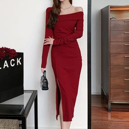 Casual Dresses Sexy Slit Red For Woman Bodycon Autumn Party Midi Dress Women Long Sleeve Slash Neck Off Shoulder Womens Clothing Robe