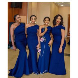 Navy Blue New Sexy Cheap Mermaid Bridesmaid Dresses One Shoulder Long Sweep Train Wedding Party Formal Gowns Maid Of Honour Dress 0430