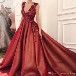 Bury A-Line Prom Dresses Deep V-Neck 3D Flowers Beaded Islamic Dubai Saudi Arabic Long Formal Dress Evening Gowns Robe Vestidos 0430