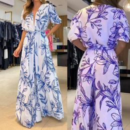 Summer Womens Fashionable V Neck Loose Mid Length Printed Dress